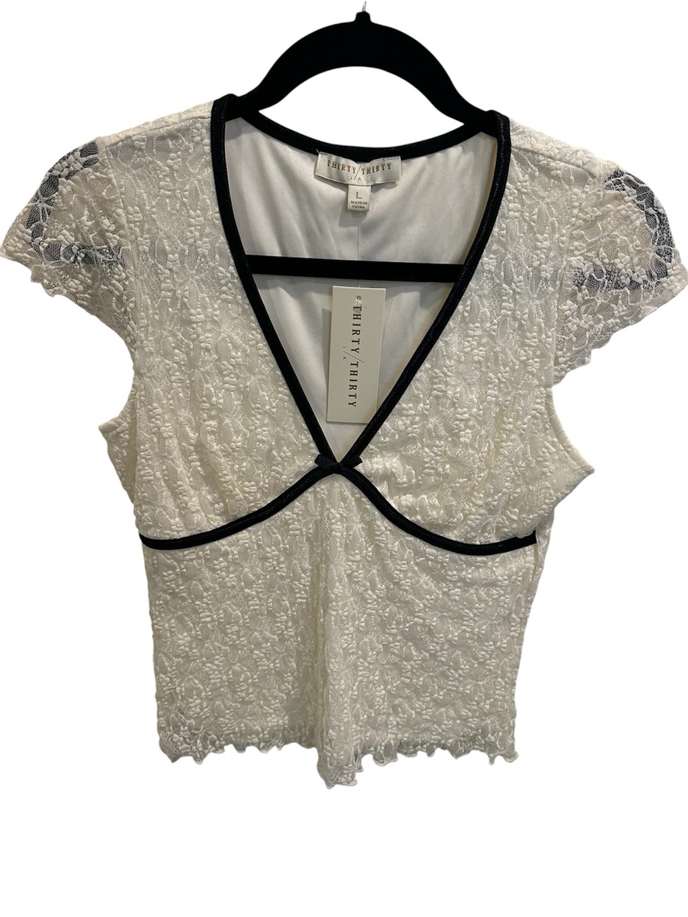 Thirty • Thirty White Lace Cap-Sleeve Top with Black Trim